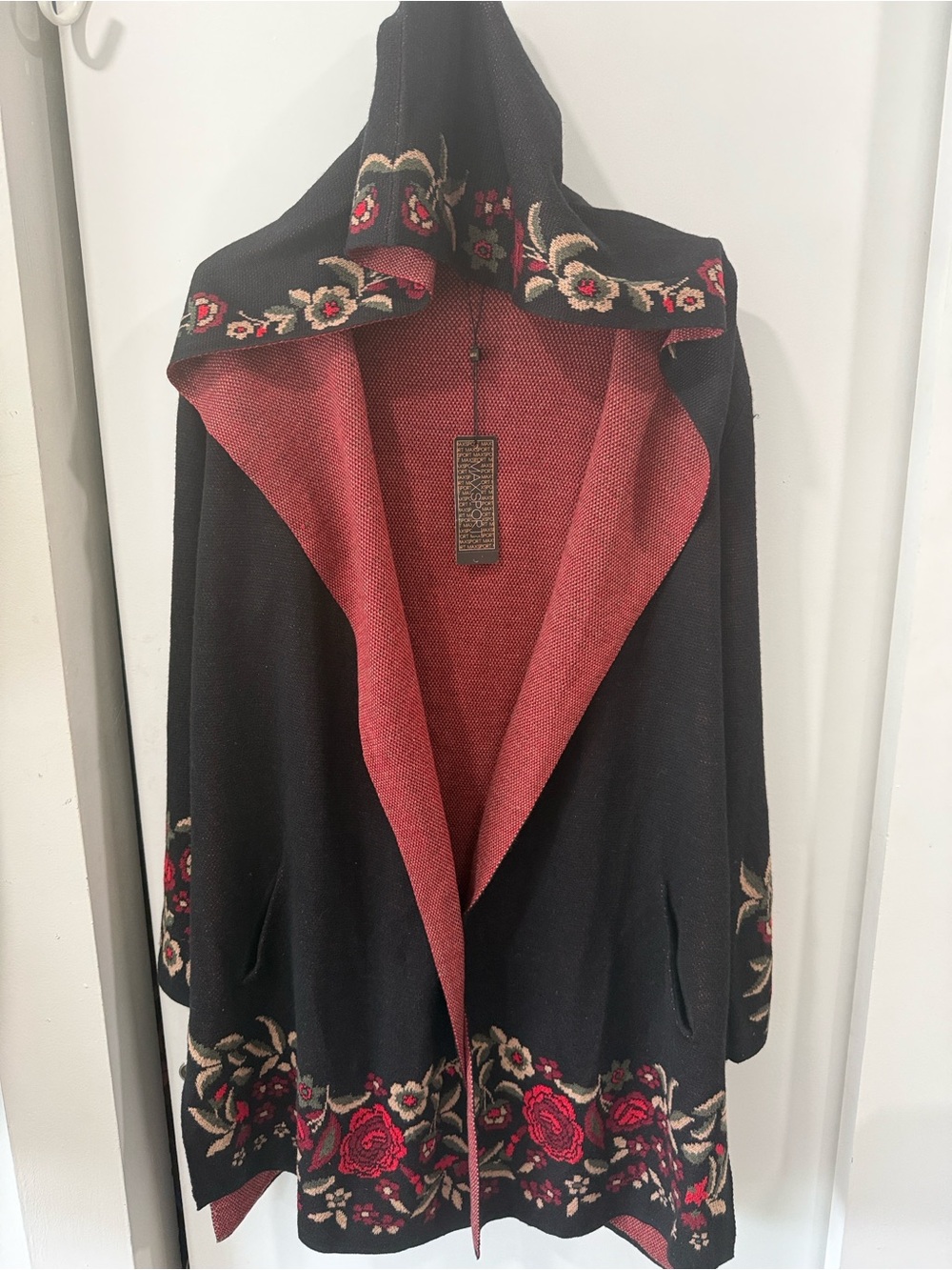 Maxsport Women's Open Front Hooded Cardigan Sweater - Black with Red Trim